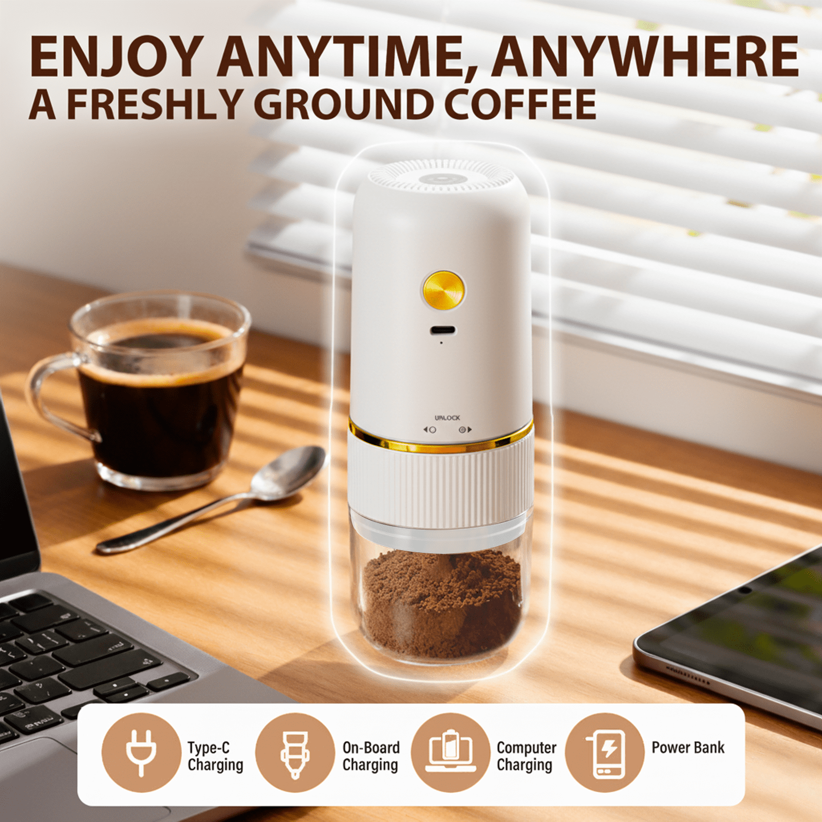Coffee Grinder Electric, Electric Coffee Grinders Mannual for Home Use, Adjustable & Portable, Stainless Steel, White