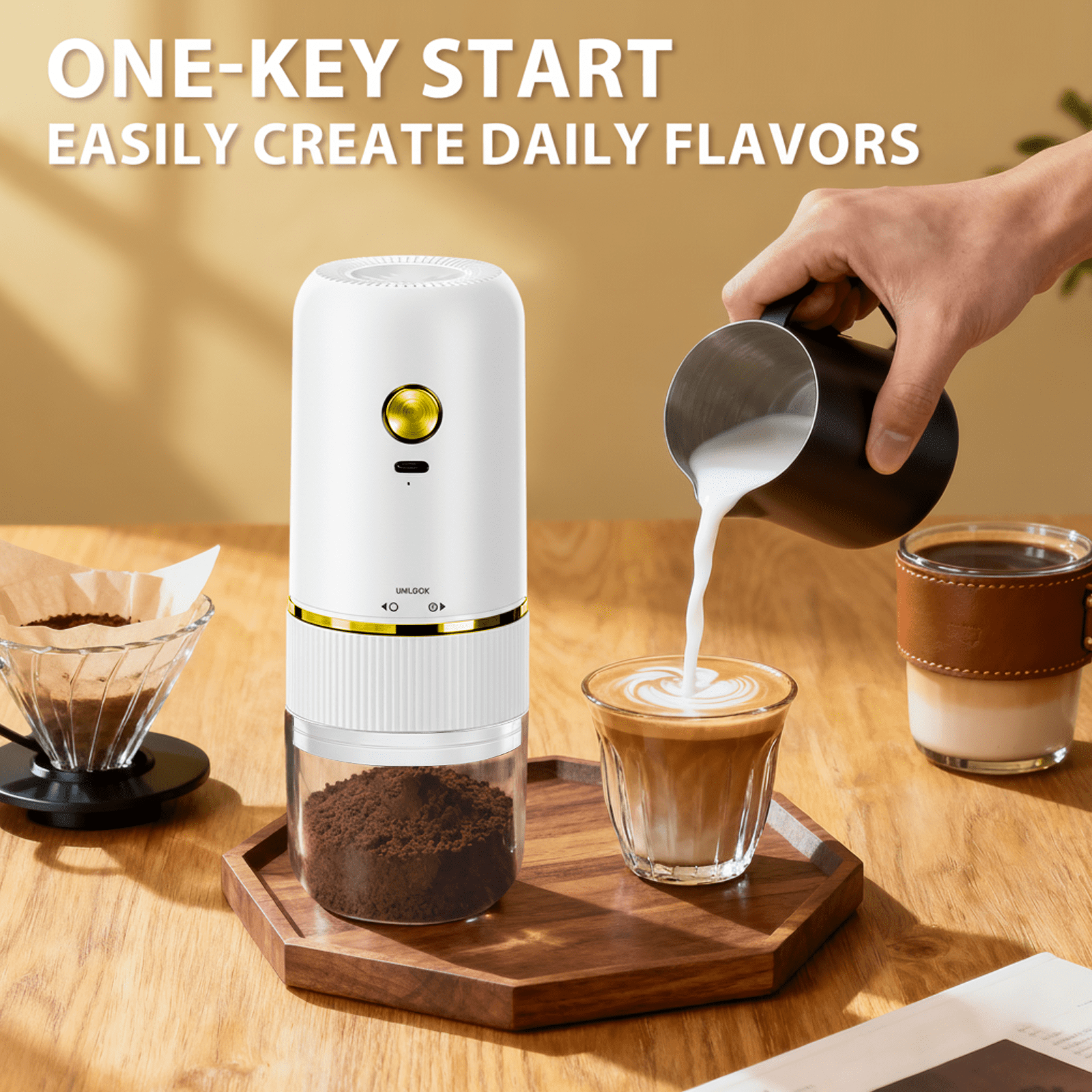 Coffee Grinder Electric, Electric Coffee Grinders Mannual for Home Use, Adjustable & Portable, Stainless Steel, White