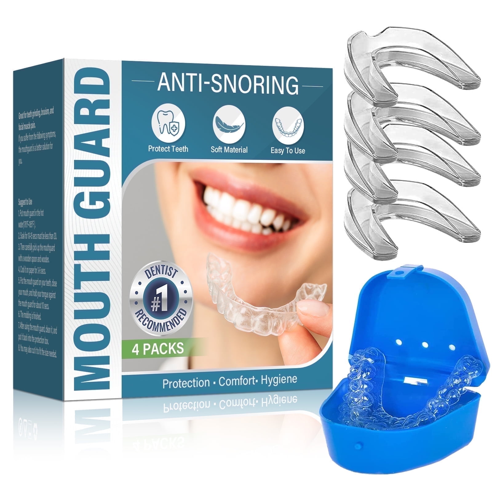 Mouth Guard for Clenching Teeth at Night, Mouth Guard for Grinding Teeth at Night, Anti-Snoring Device, 4PCS/2SIZE, Includes Hygienic Storage Case